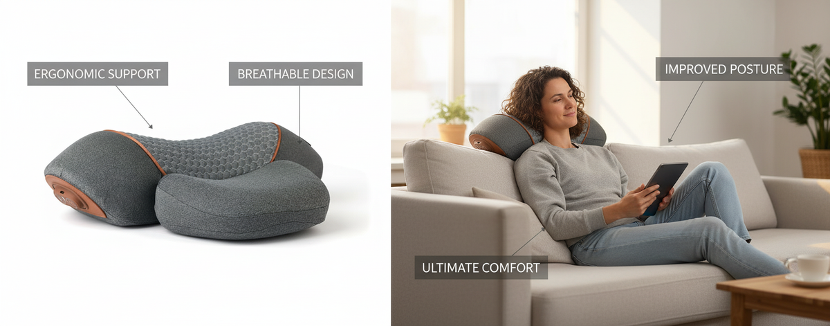 Ergonomic pillow with text highlighting features, next to a person sitting on a couch using a tablet.