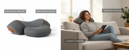 Ergonomic pillow with text highlighting features, next to a person sitting on a couch using a tablet.