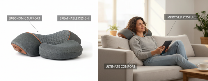 Ergonomic pillow with text highlighting features, next to a person sitting on a couch using a tablet.